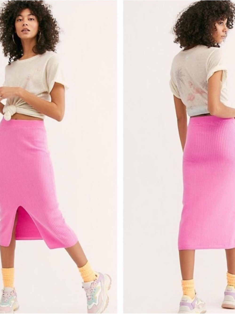 Free People Ribbed Pink Midi Skirt with Slit